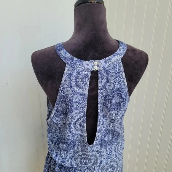 Pink Rose Juniors Ruffle Strappy Romper Pink Blue White Florals Rayon Sz L - Picture 2 of 12